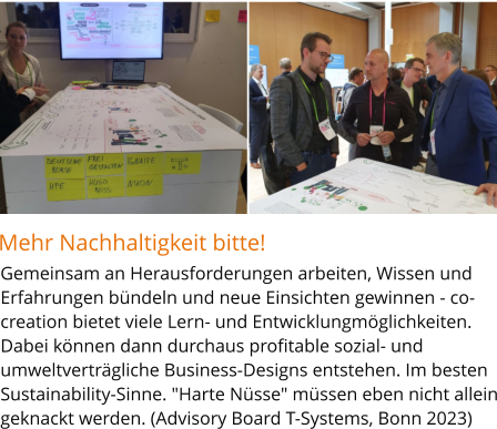 Mehr Nachhaltigkeit bitte! Gemeinsam an Herausforderungen arbeiten, Wissen und Erfahrungen bündeln und neue Einsichten gewinnen - co-creation bietet viele Lern- und Entwicklungmöglichkeiten. Dabei können dann durchaus profitable sozial- und umweltverträgliche Business-Designs entstehen. Im besten Sustainability-Sinne. "Harte Nüsse" müssen eben nicht allein geknackt werden. (Advisory Board T-Systems, Bonn 2023)