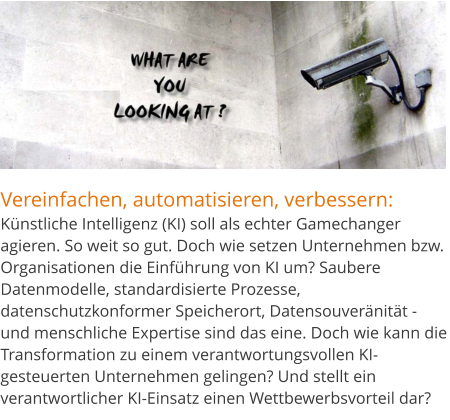 Vereinfachen, automatisieren, verbessern:Künstliche Intelligenz (KI) soll als echter Gamechanger agieren. So weit so gut. Doch wie setzen Unternehmen bzw. Organisationen die Einführung von KI um? Saubere Datenmodelle, standardisierte Prozesse, datenschutzkonformer Speicherort, Datensouveränität - und menschliche Expertise sind das eine. Doch wie kann die Transformation zu einem verantwortungsvollen KI-gesteuerten Unternehmen gelingen? Und stellt ein verantwortlicher KI-Einsatz einen Wettbewerbsvorteil dar?