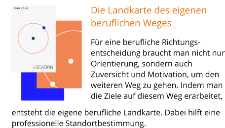 Die Landkarte des eigenen beruflichen Weges Für eine berufliche Richtungs-entscheidung braucht man nicht nur Orientierung, sondern auch Zuversicht und Motivation, um den weiteren Weg zu gehen. Indem man die Ziele auf diesem Weg erarbeitet,  entsteht die eigene berufliche Landkarte. Dabei hilft eine professionelle Standortbestimmung.