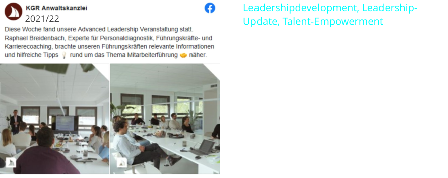 2021/22 Leadershipdevelopment, Leadership-Update, Talent-Empowerment Um innovativ und beweglich zu bleiben, müssen Führungskräfte und Mitarbeitende beständig auf dem Laufenden sein, neue Rollen, Aufgaben und Haltungen entwickeln, sich kontinuierlich reflektieren. Das sind zwar Herausforderungen. Zugleich bietet das einen riesigen Möglichkeitsraum mit Chancen für Veränderung, Wachstum und Entwicklung. Speziell für Rechtsanwaltskanzleien bieten wir Workshops an, die den Unterschied machen.